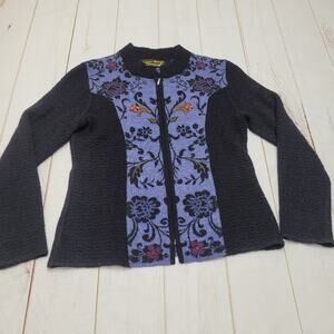Alpaca Acrylic wool designer threads zip front floral knit jacket sustainable
